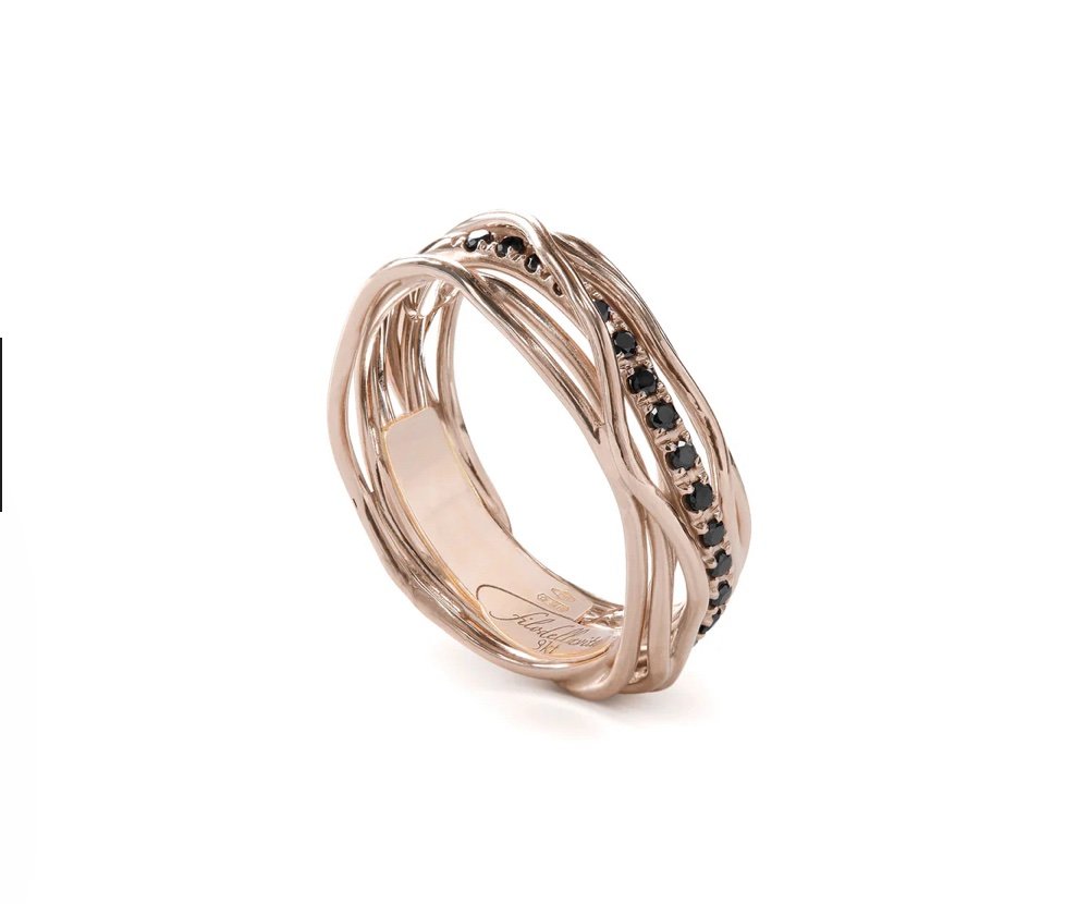 Anello Filo della vita 7 fili in oro rosa con diamanti neri