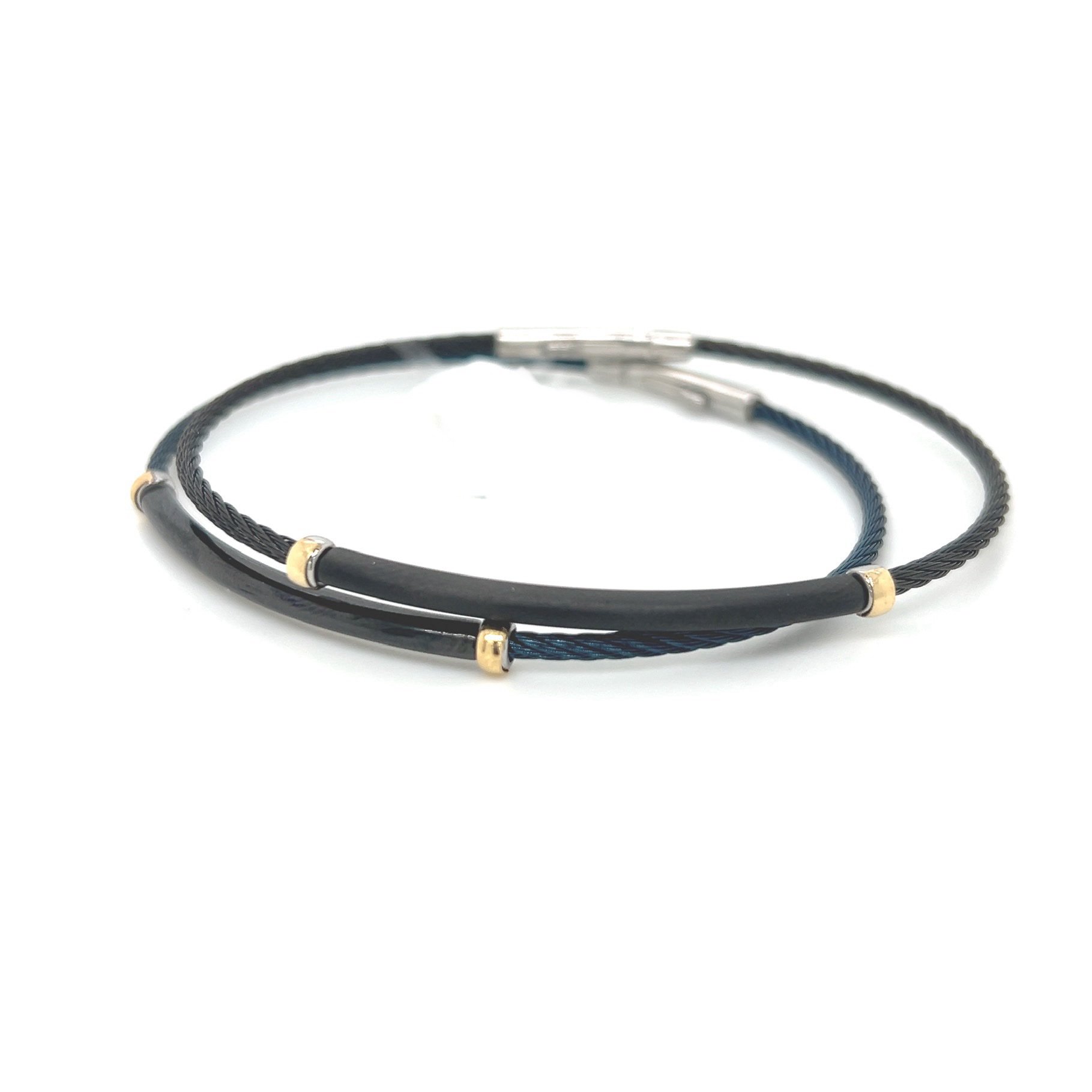 Bracciale Bersani filo d’acciaio con riporti in oro in colorazione nero e blu